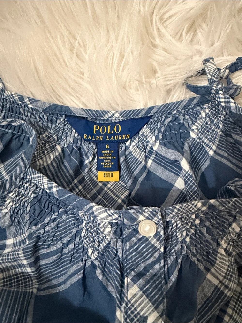 Ralph Lauren Blue Plaid Tie-Shoulder Girls' Dress